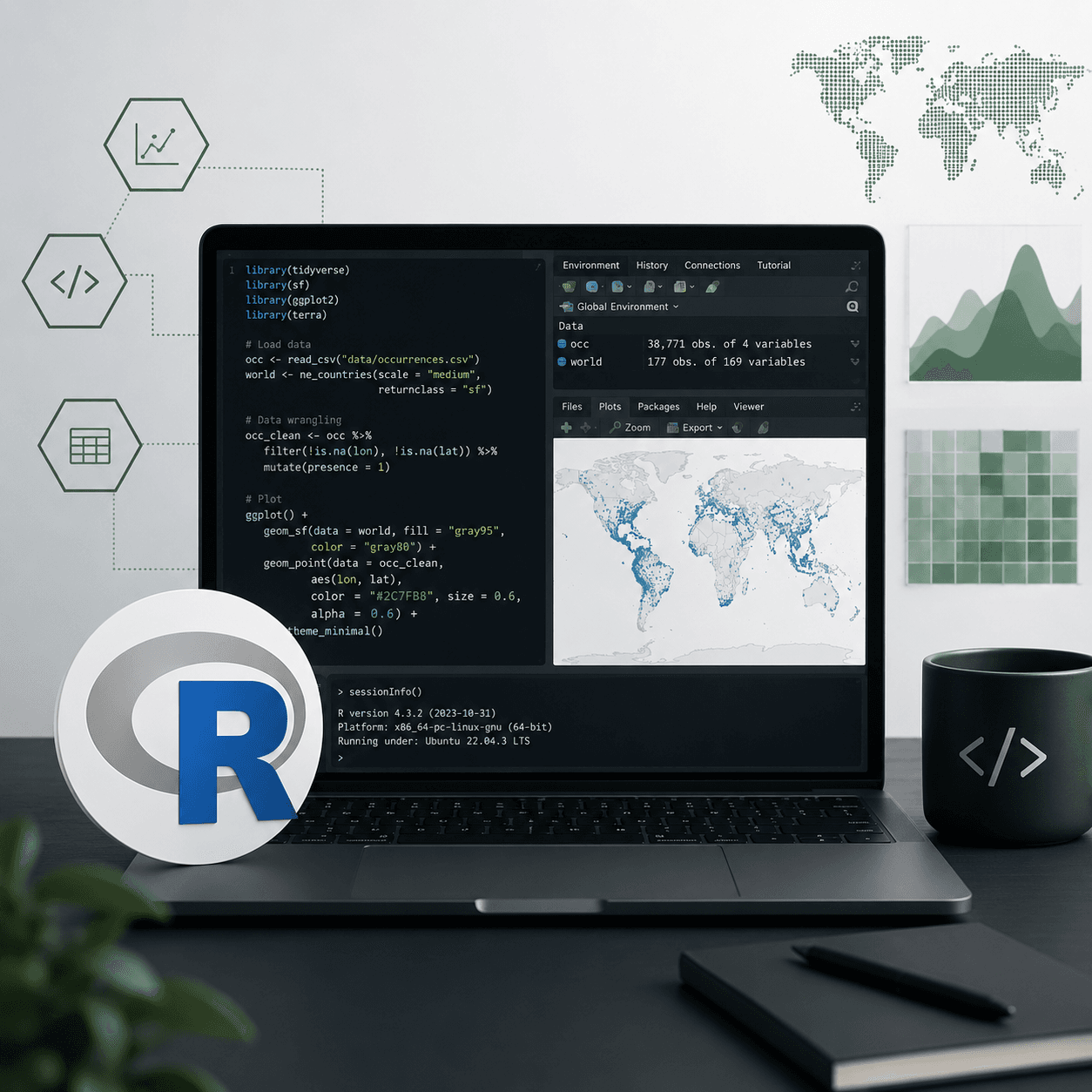 R programming workstation with biodiversity data, maps and scientific visualizations